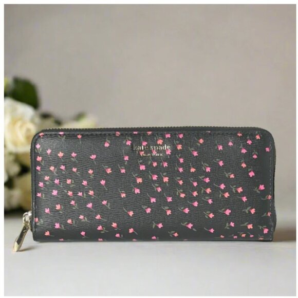 Kate Spade Sylvia Pink Floral Slim Wallet Womens Black Saffiano Zip Around - Picture 1 of 10